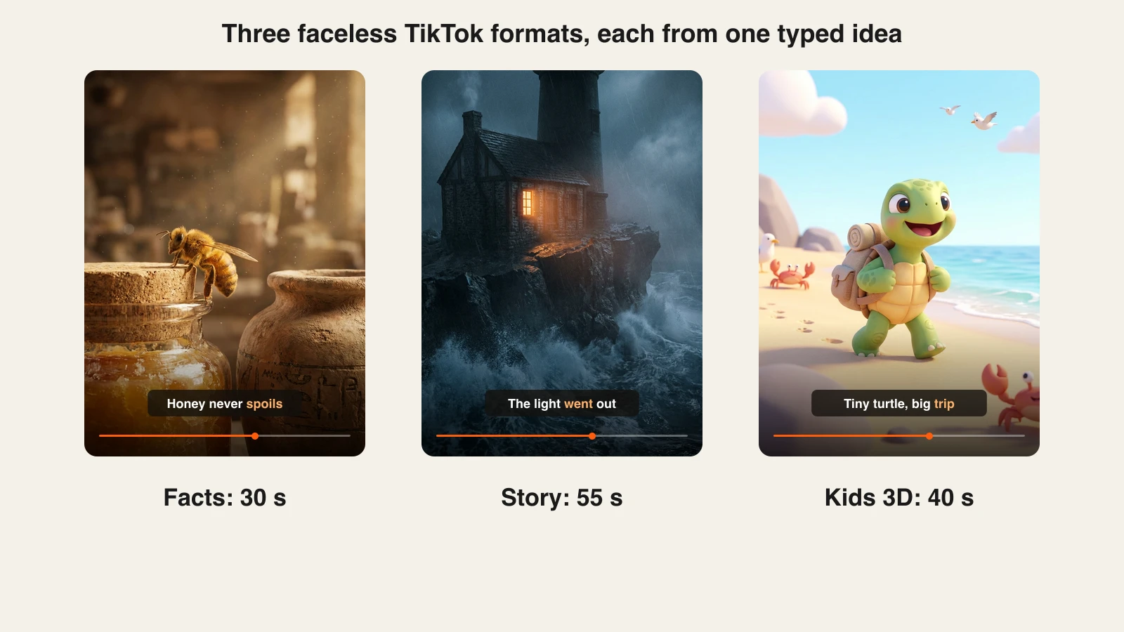 TikTok AI video maker ClipNova: a facts video, a story video and a kids 3D video, each made from one idea