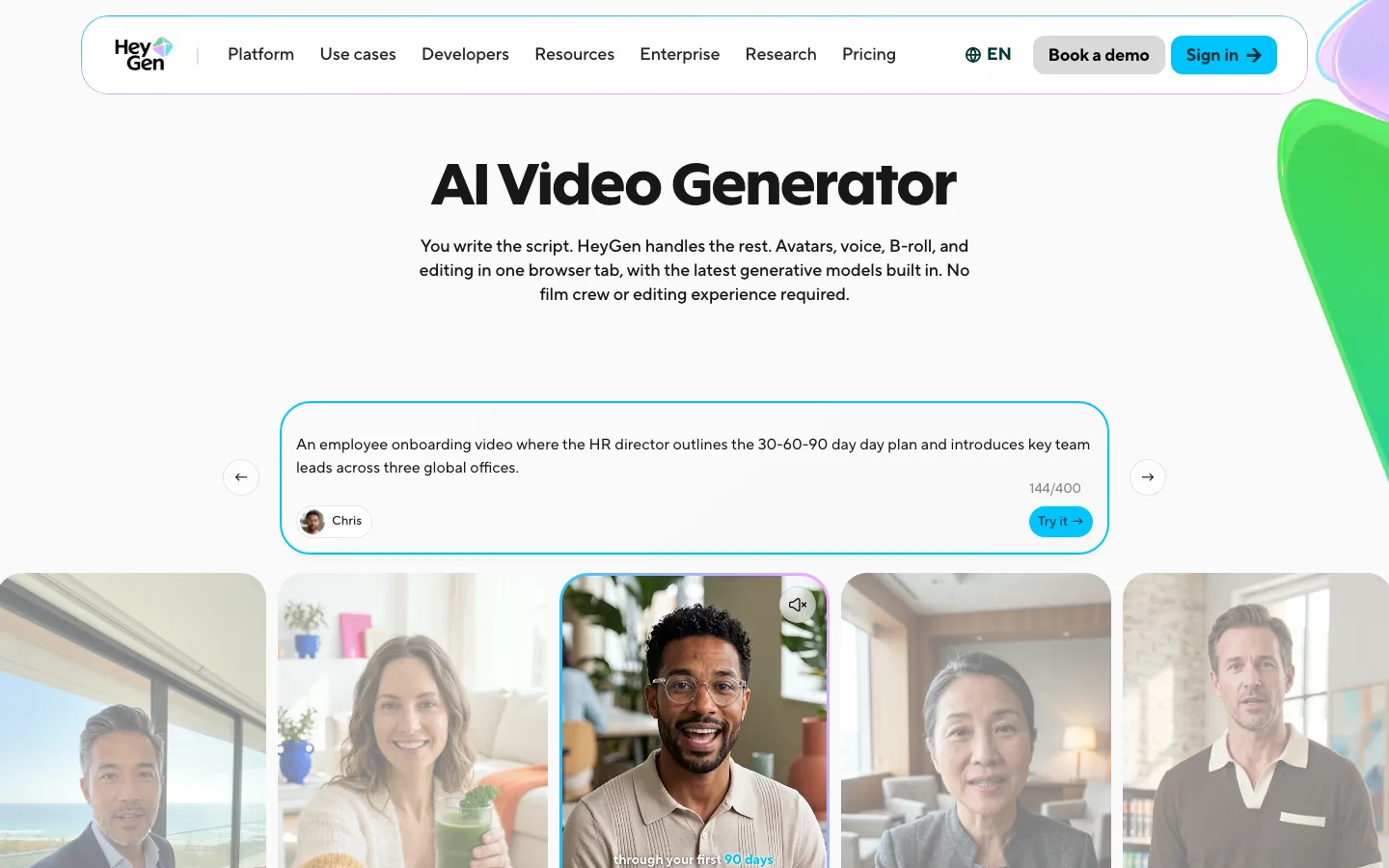 AI video generator for YouTube explainers HeyGen: a script box above a row of avatar presenters