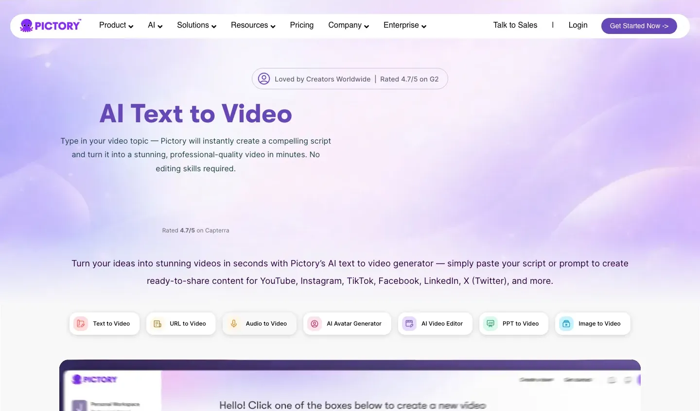AI video generator for YouTube Pictory: its Text to Video page with shortcuts for URL, audio and image to video