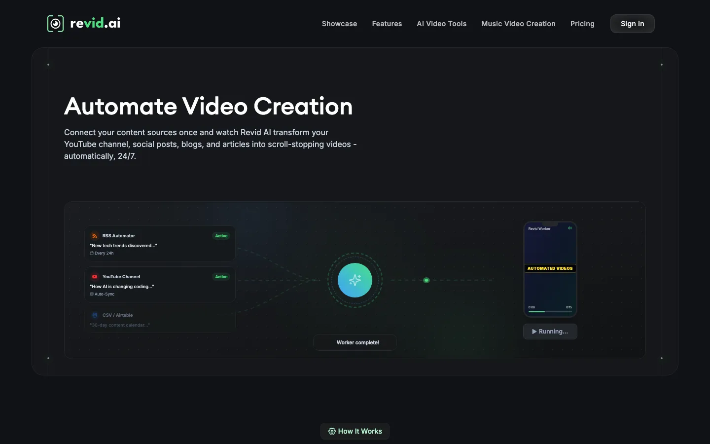 Shorts-first AI video generator Revid.ai: its automation page linking a YouTube channel and RSS feed to videos