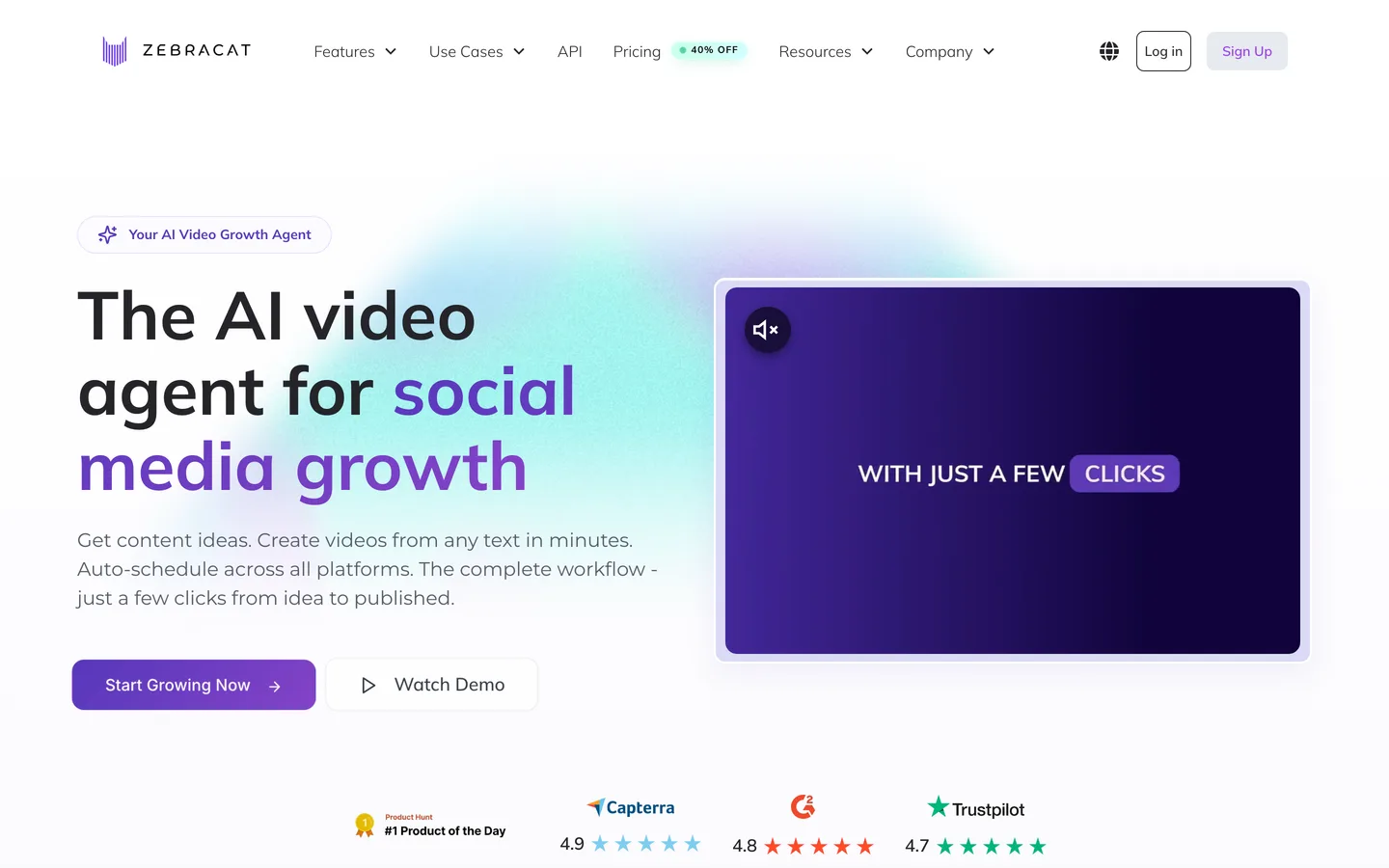 Text to video AI generator Zebracat: its homepage describing an AI video agent that creates and auto-schedules social videos