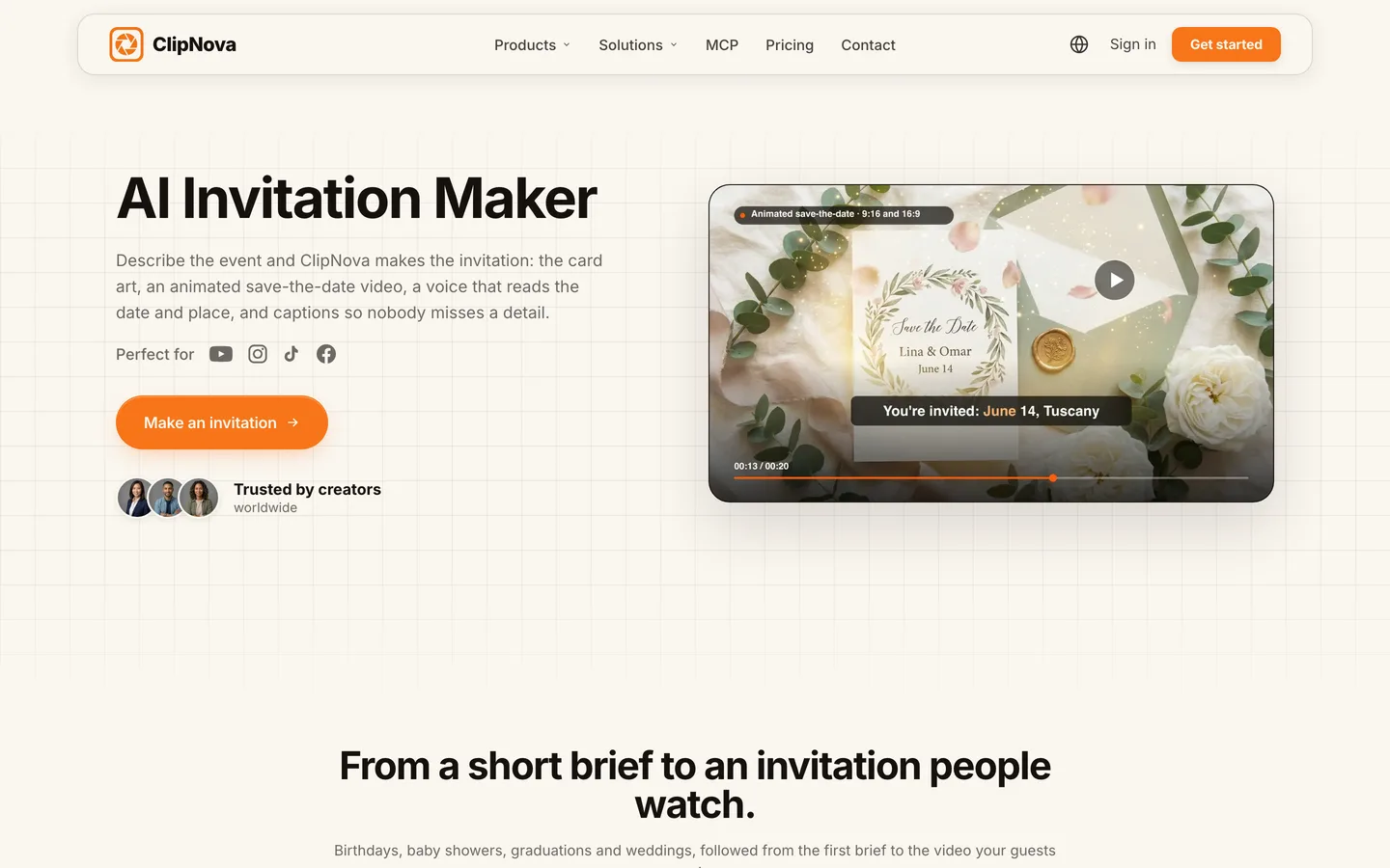 AI video invitation maker ClipNova: the AI Invitation Maker page with an animated save-the-date video player