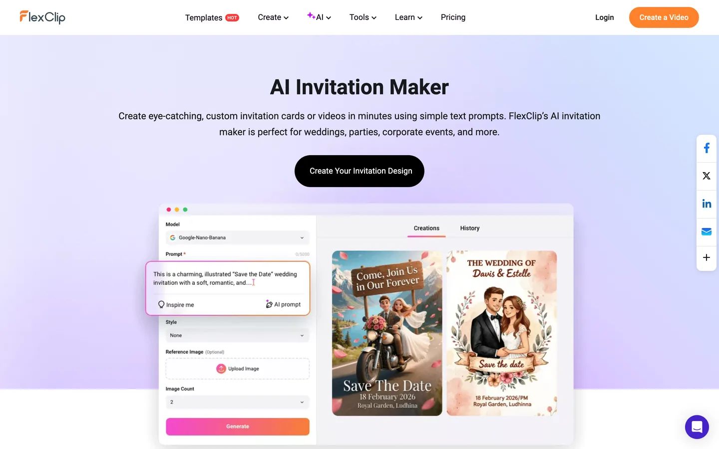 Video invitation maker FlexClip: the AI Invitation Maker page with a prompt panel and two save-the-date designs
