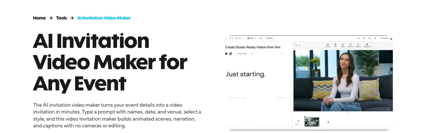 Video invitation tool HeyGen: the AI Invitation Video Maker page explaining prompt-to-invitation with narration and captions