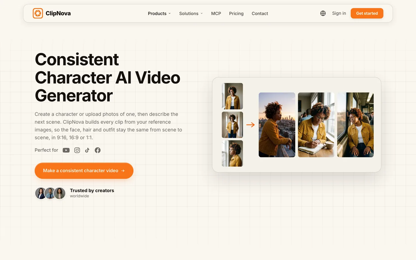 Consistent character AI video generator ClipNova: three reference photos of one woman turned into three new scenes