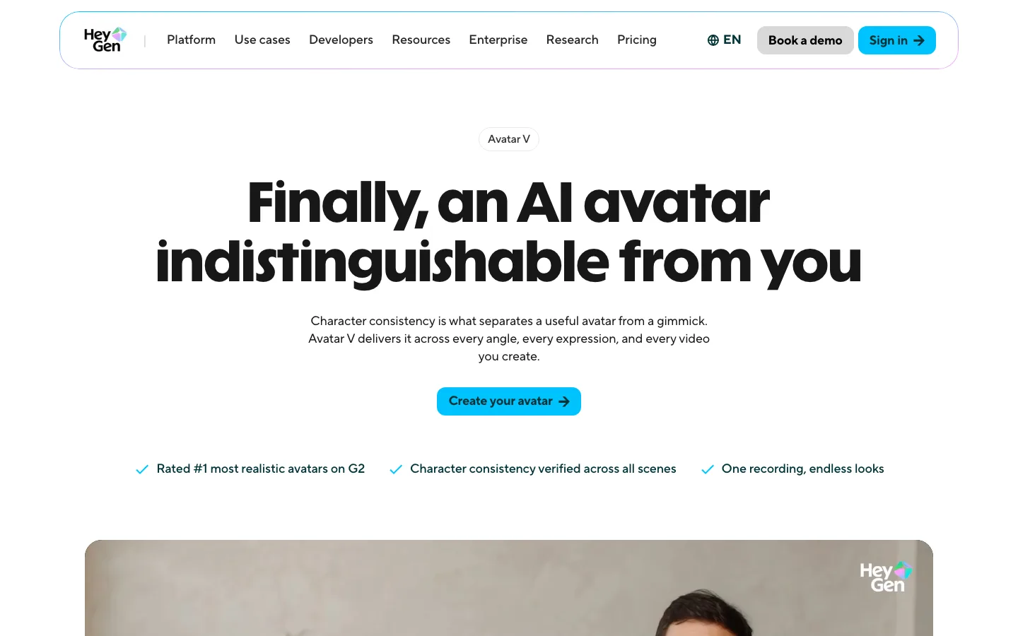Consistent AI character video HeyGen: its Avatar V page about character consistency across every scene