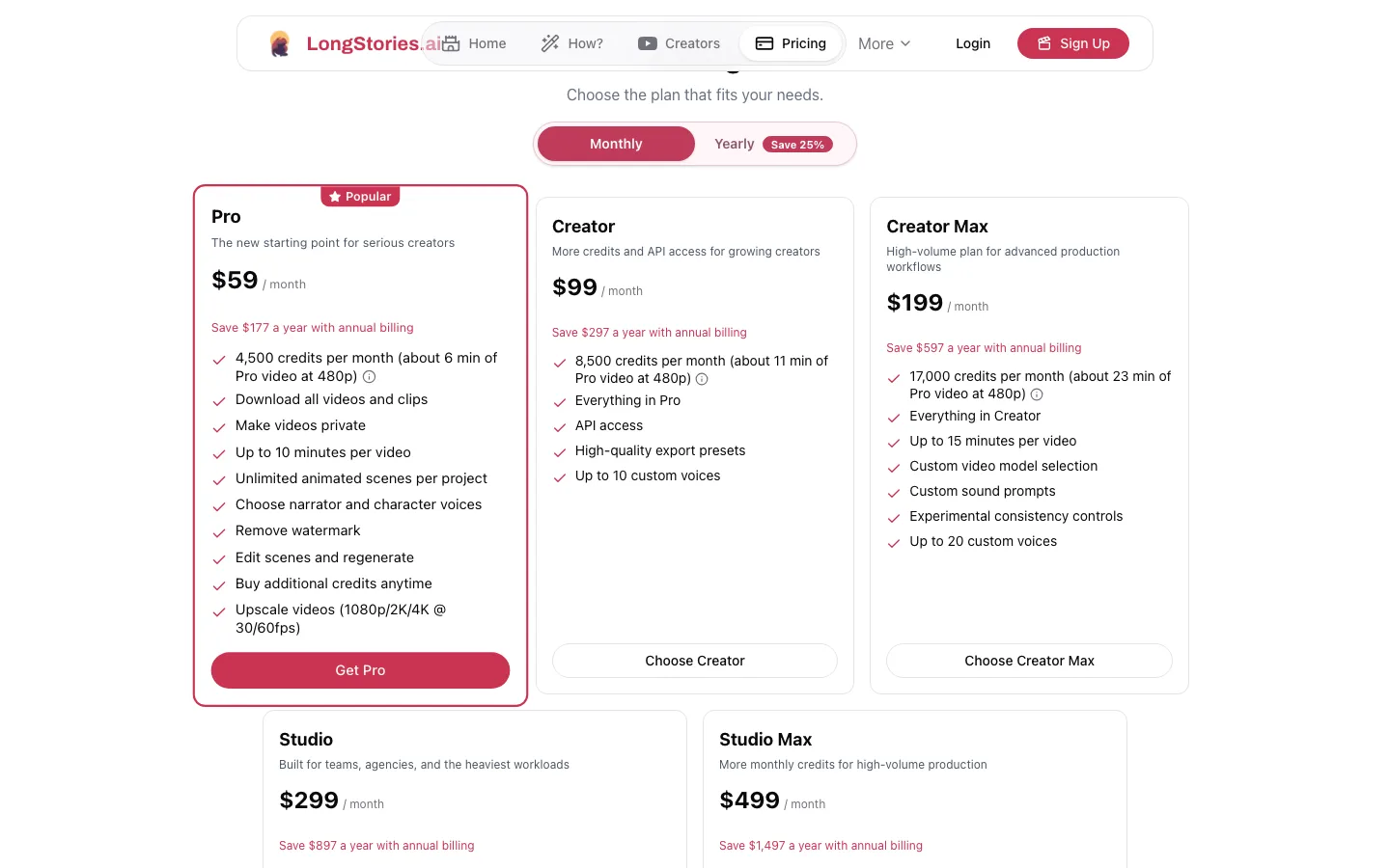 Consistent character AI video LongStories.ai: its pricing page with Pro, Creator and Creator Max plans