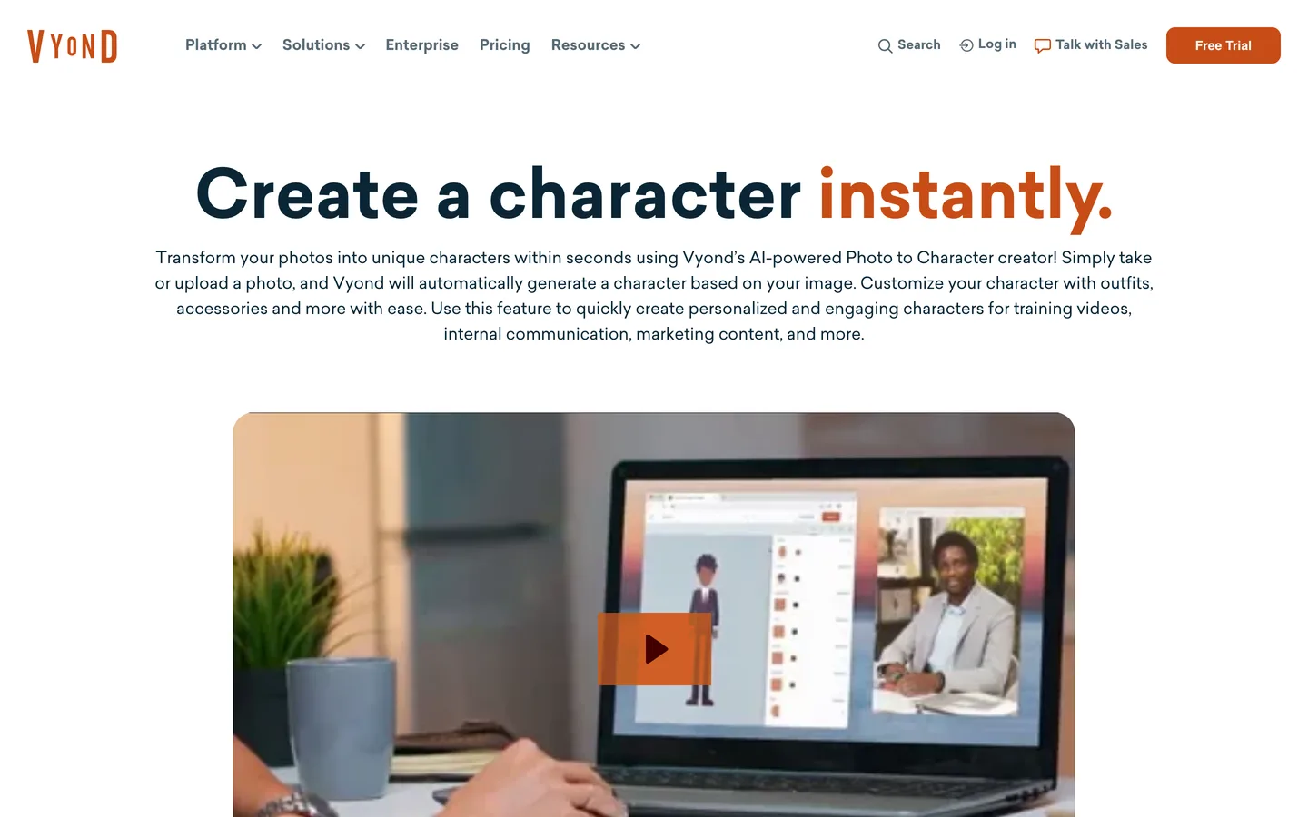 AI video consistent characters Vyond: its Photo to Character page that turns a photo into an animated character