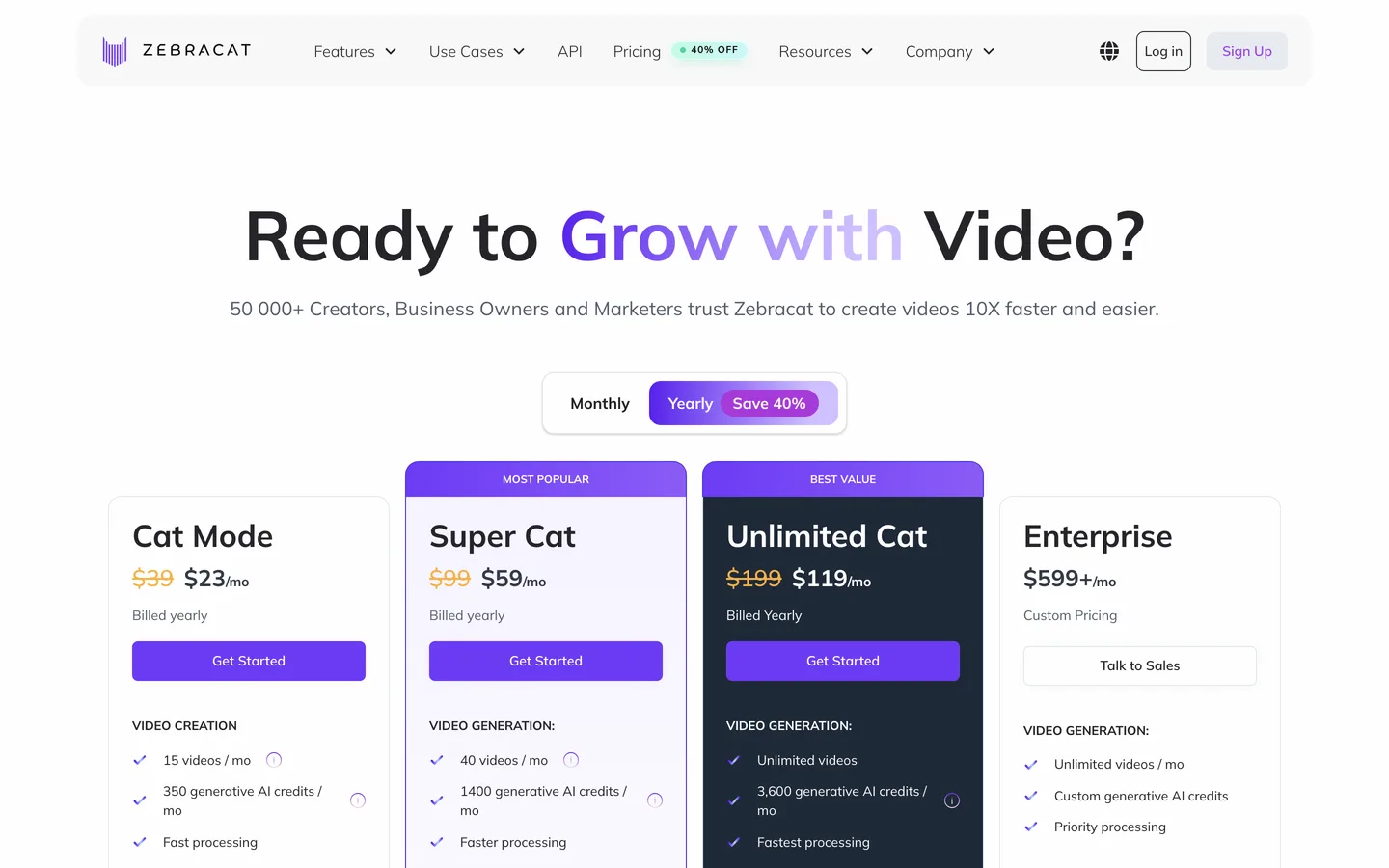 Consistent character video generator Zebracat: its pricing page with Cat Mode, Super Cat and Unlimited Cat plans