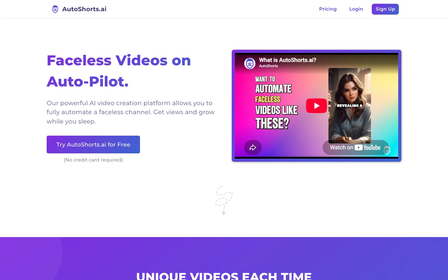 Faceless shorts autopilot AutoShorts.ai, its homepage promising faceless videos on auto-pilot