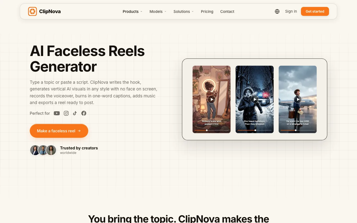 Faceless AI video generator ClipNova, its faceless reels page with example vertical videos