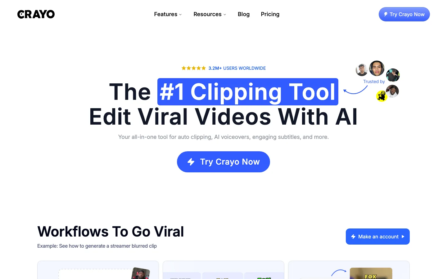 Viral short video maker Crayo, its homepage for AI clipping and templates