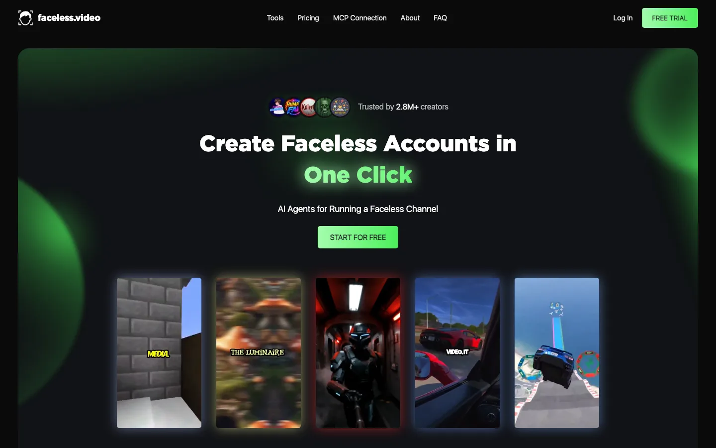 Faceless channel creator Faceless.video, its homepage with example faceless clips