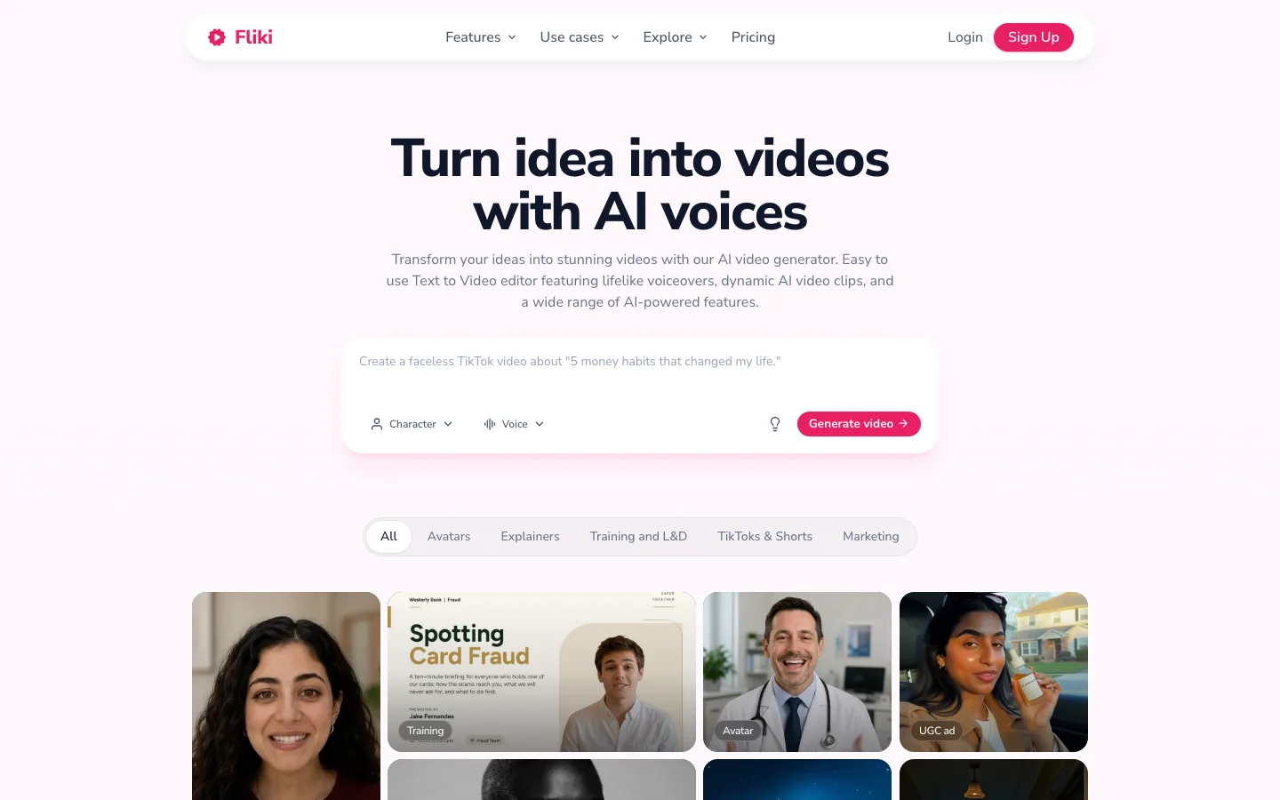 AI voice video generator Fliki, its homepage for idea to video with AI voices