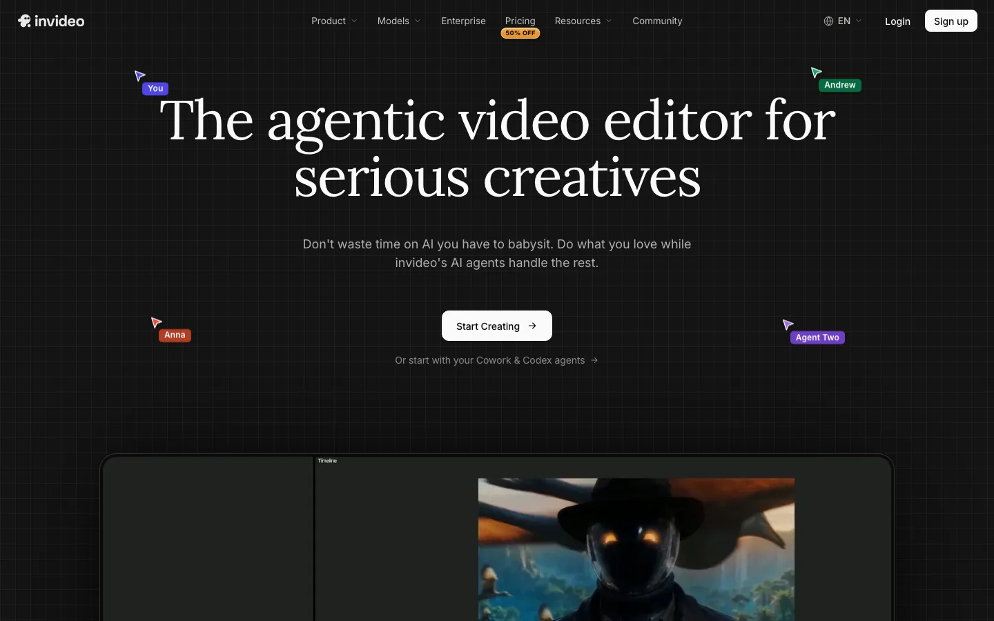 Text to video editor InVideo AI, its homepage for AI-assisted editing