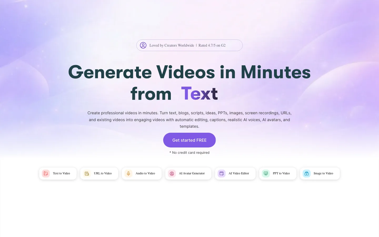 Text to video tool Pictory, its homepage for generating videos from text