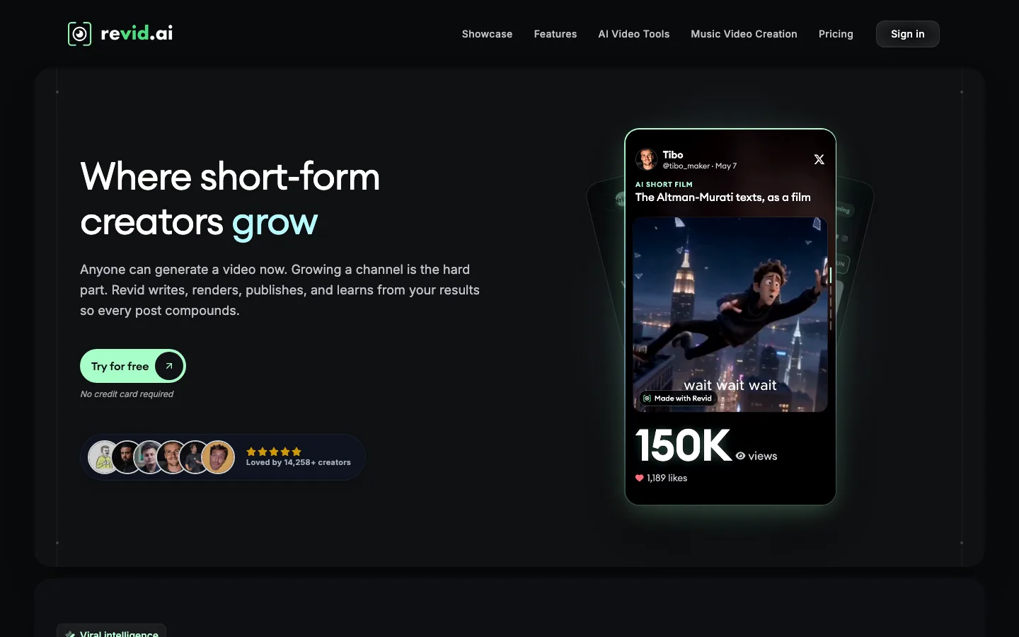 Faceless video automation tool Revid.ai, its homepage for short-form creators