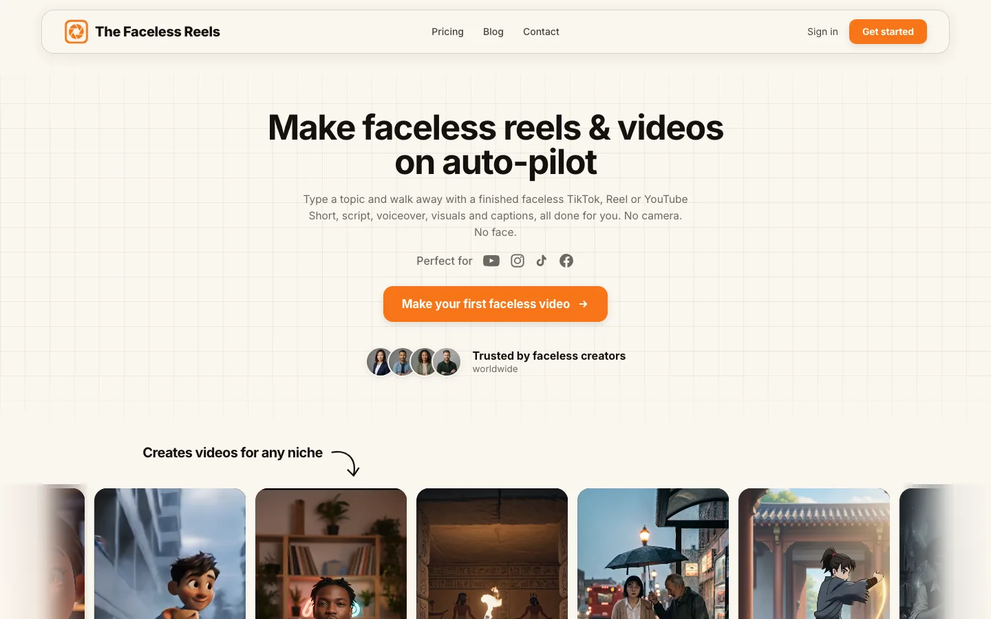 AI faceless reels maker The Faceless Reels, its homepage with example vertical videos