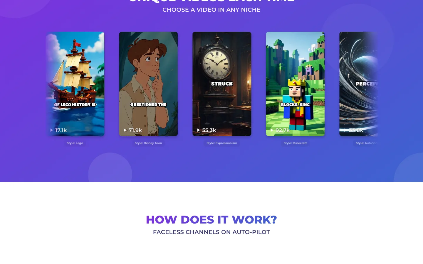 Faceless InVideo alternative AutoShorts.ai: example videos made in different niches and styles