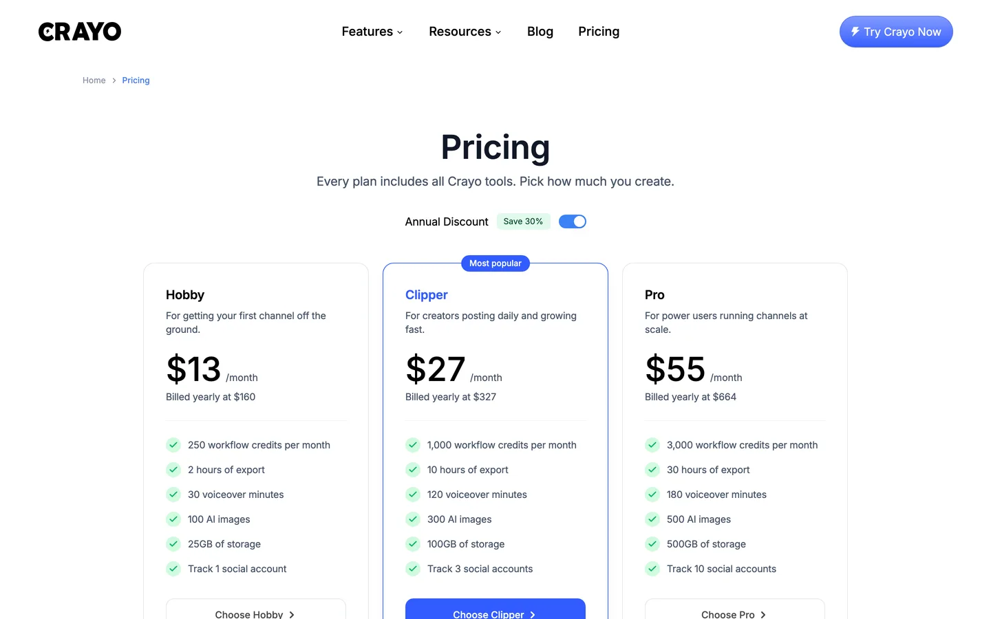 Sites like InVideo for storytime: Crayo pricing with Hobby, Clipper and Pro plans billed yearly