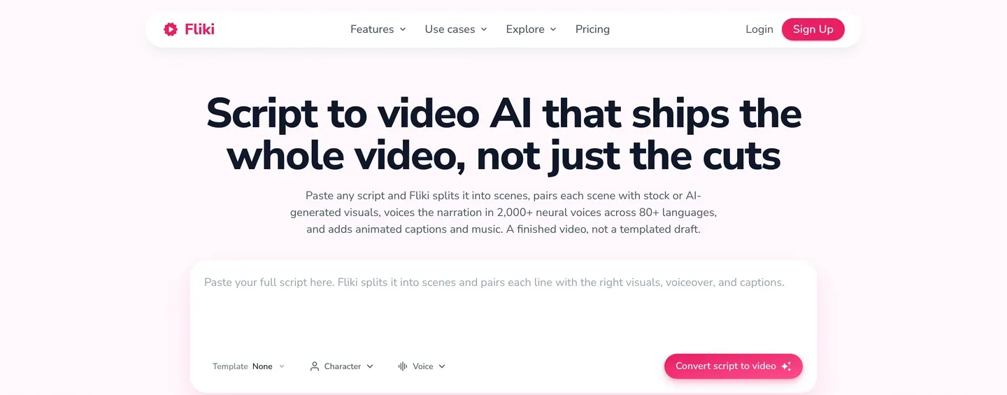 InVideo AI alternatives for narration: Fliki script to video page with voice and character options