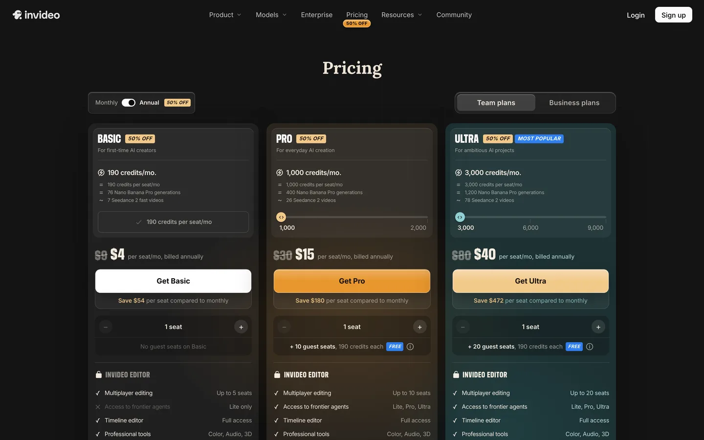 InVideo alternative research: the InVideo AI pricing page with per-seat credit plans and editor features