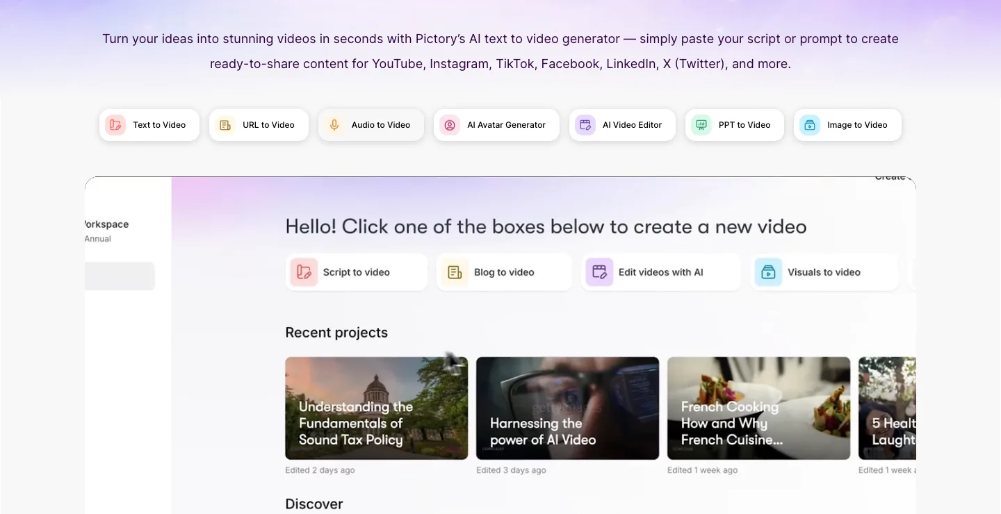 InVideo alternative Pictory: text to video dashboard with script, blog and visuals to video options