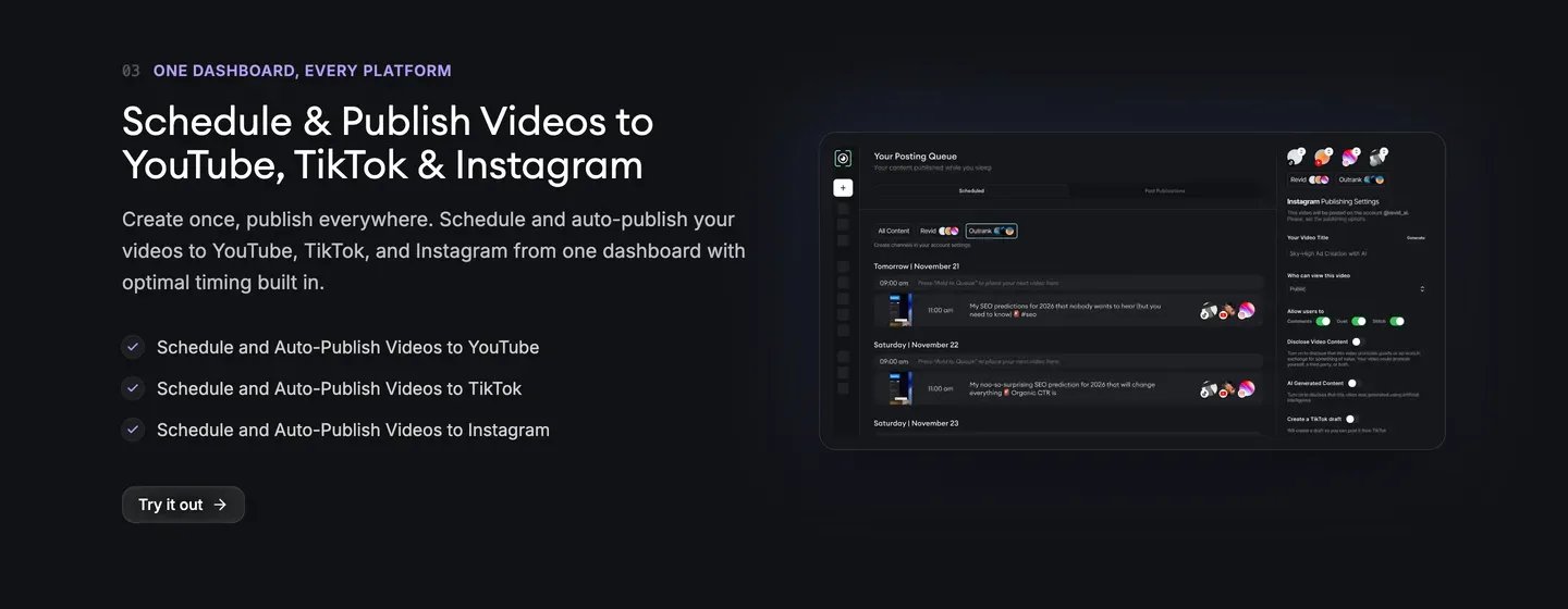Sites like InVideo for automation: Revid.ai scheduling and publishing to YouTube, TikTok and Instagram