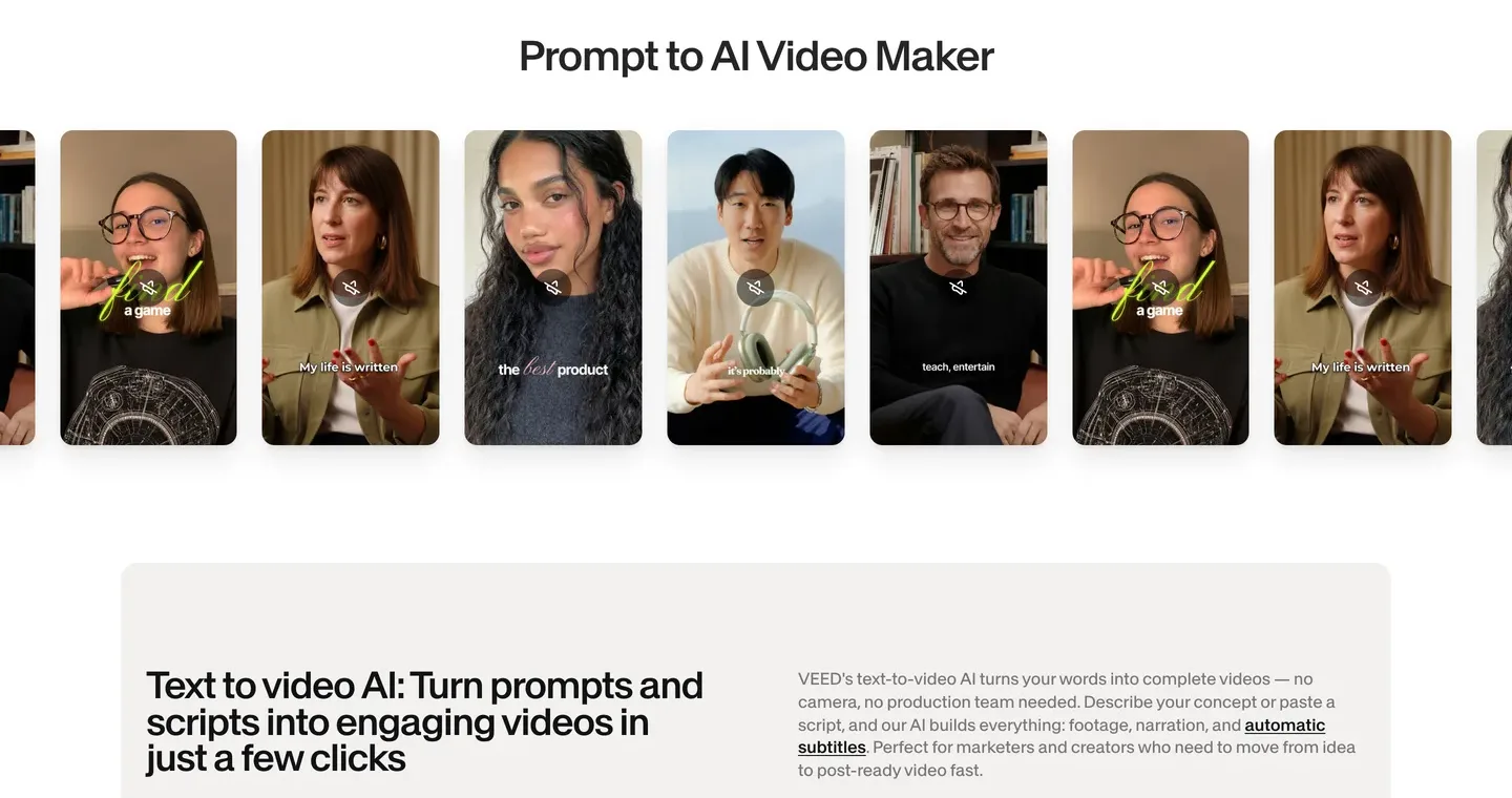 InVideo alternative VEED: prompt to AI video maker with captioned vertical examples