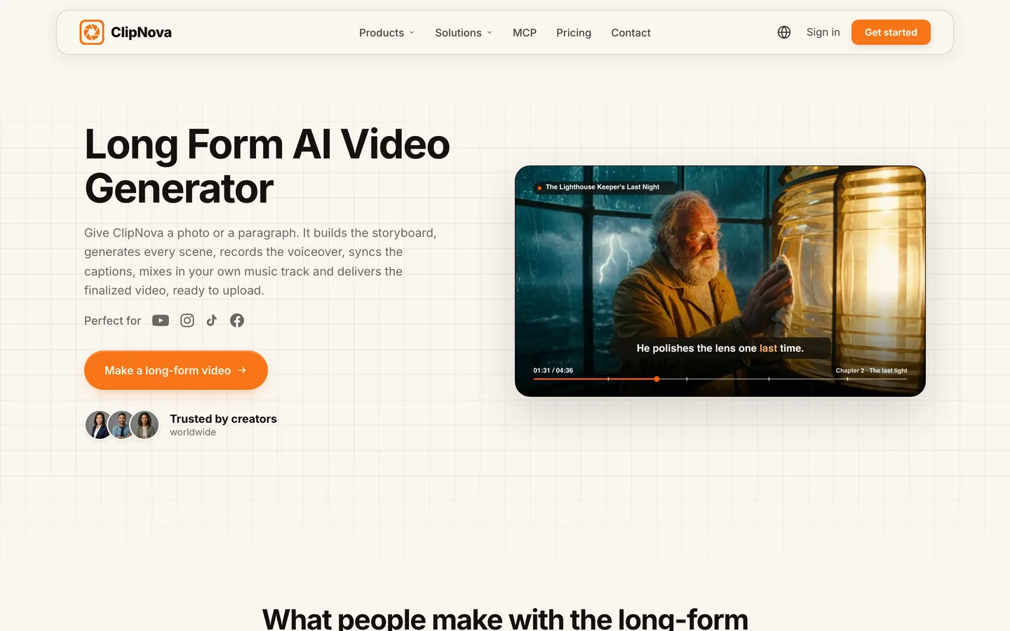 Best long form AI video generator ClipNova: its long-form page with a 4:36 narrated lighthouse story and chapter markers