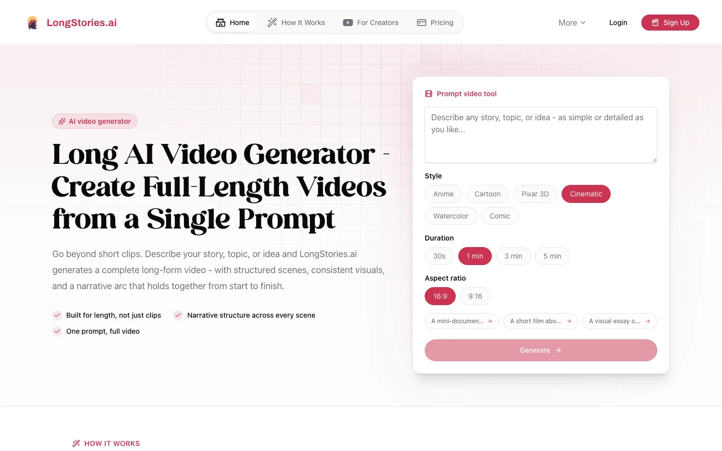 Long form AI video generator LongStories.ai: its prompt tool with style, duration and aspect ratio options