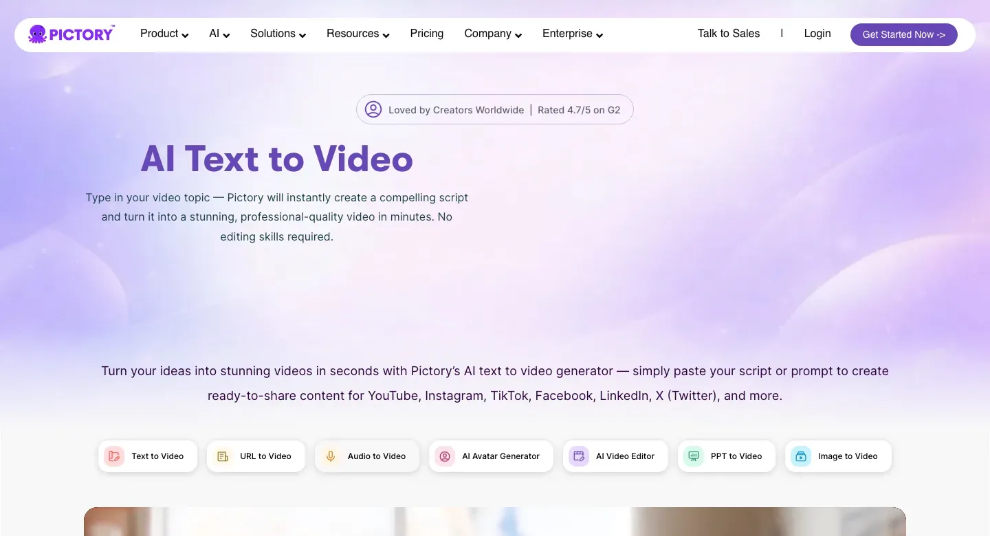 Long form AI video maker Pictory: its AI text to video page with tool shortcuts for URL, audio and PPT to video