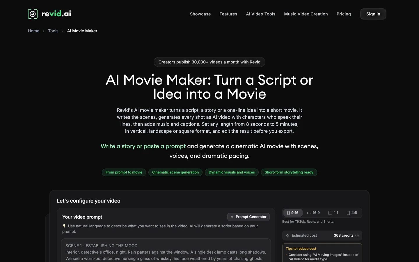 AI long video generator Revid.ai: the AI Movie Maker page with a scene-by-scene prompt and aspect ratio picker