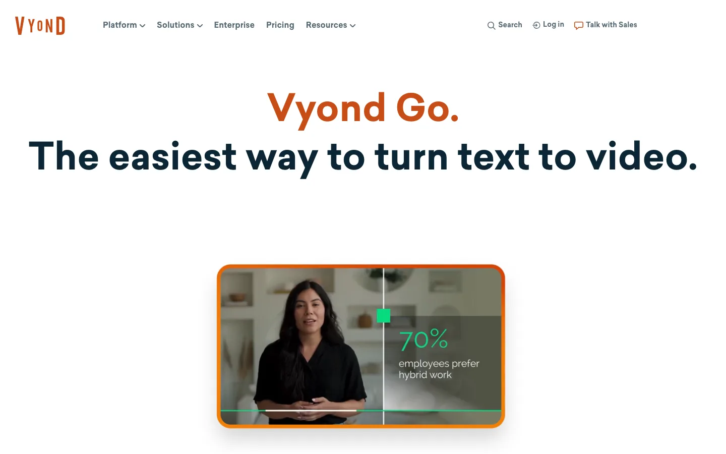 AI video generator for long videos Vyond: the Vyond Go page with an AI presenter next to an animated statistic