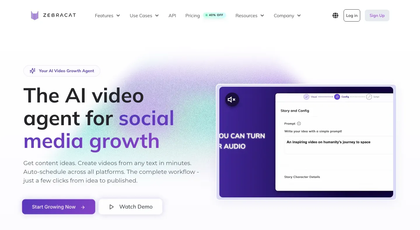 Long form AI video tool Zebracat: its homepage with a story prompt and config step in the demo video