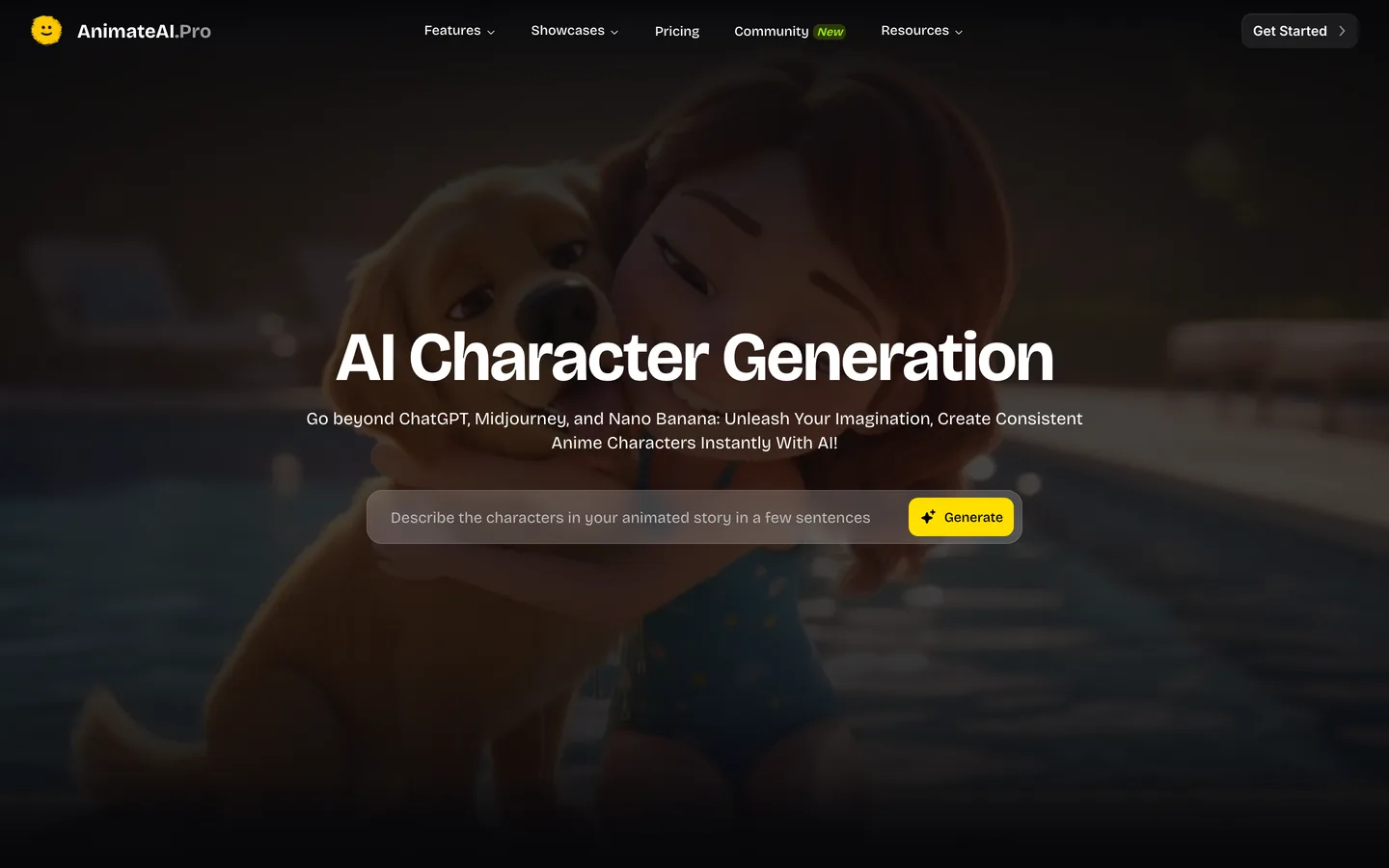 Pixar-style character generator AnimateAI: the AI Character Generation page with a 3D girl hugging her dog