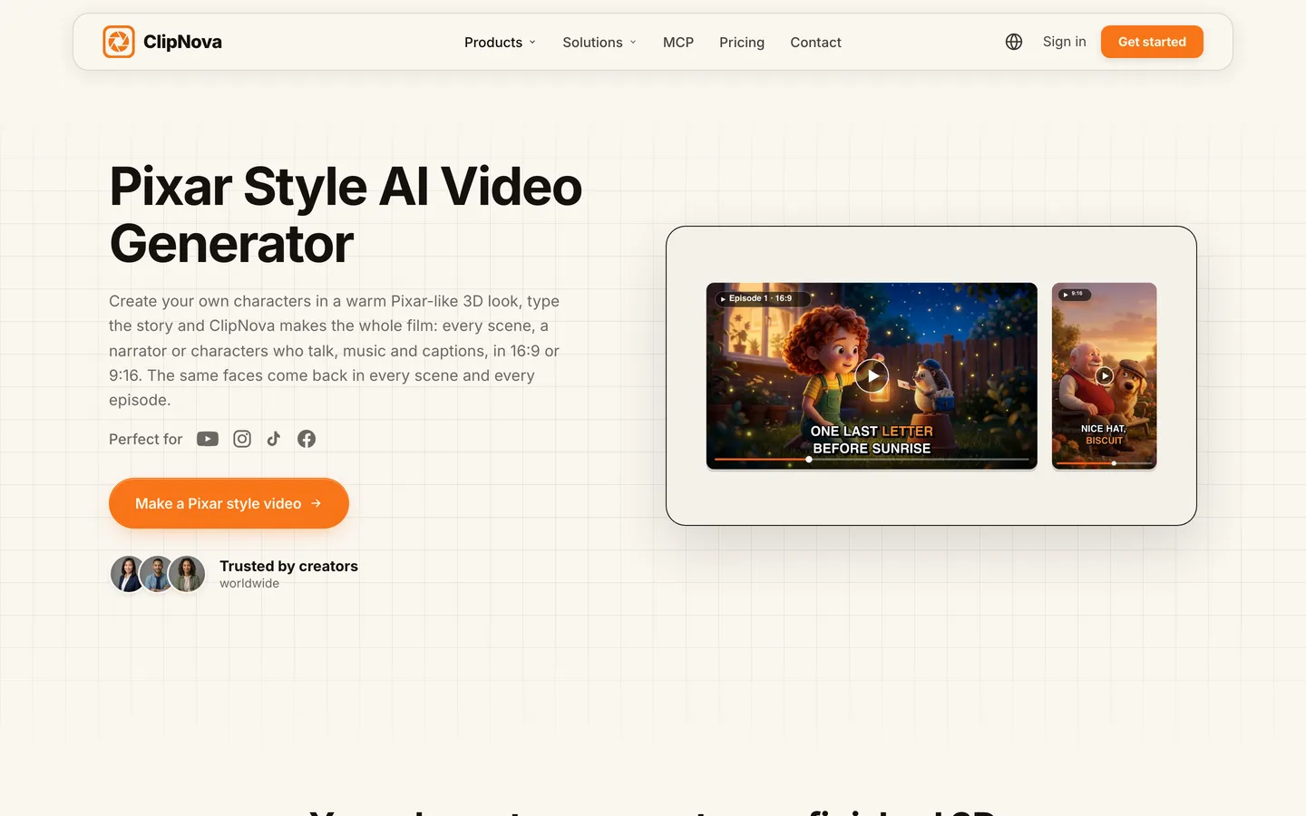 Pixar style AI video generator ClipNova: the Pixar Style AI Video Generator page with a 16:9 episode and a 9:16 clip