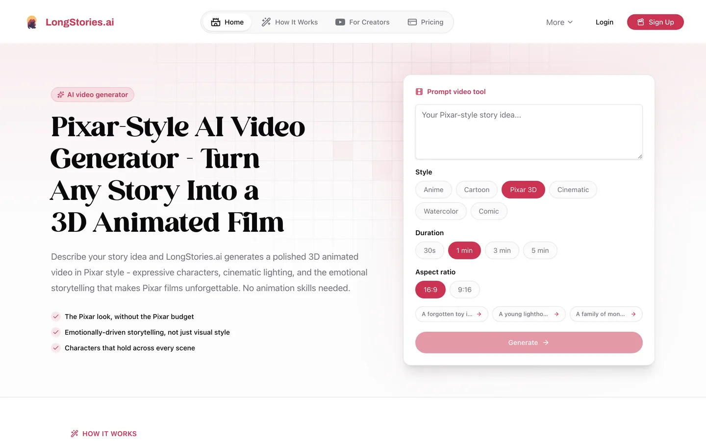 Long Pixar-style video generator LongStories.ai: the Pixar-style page with style, duration and ratio options