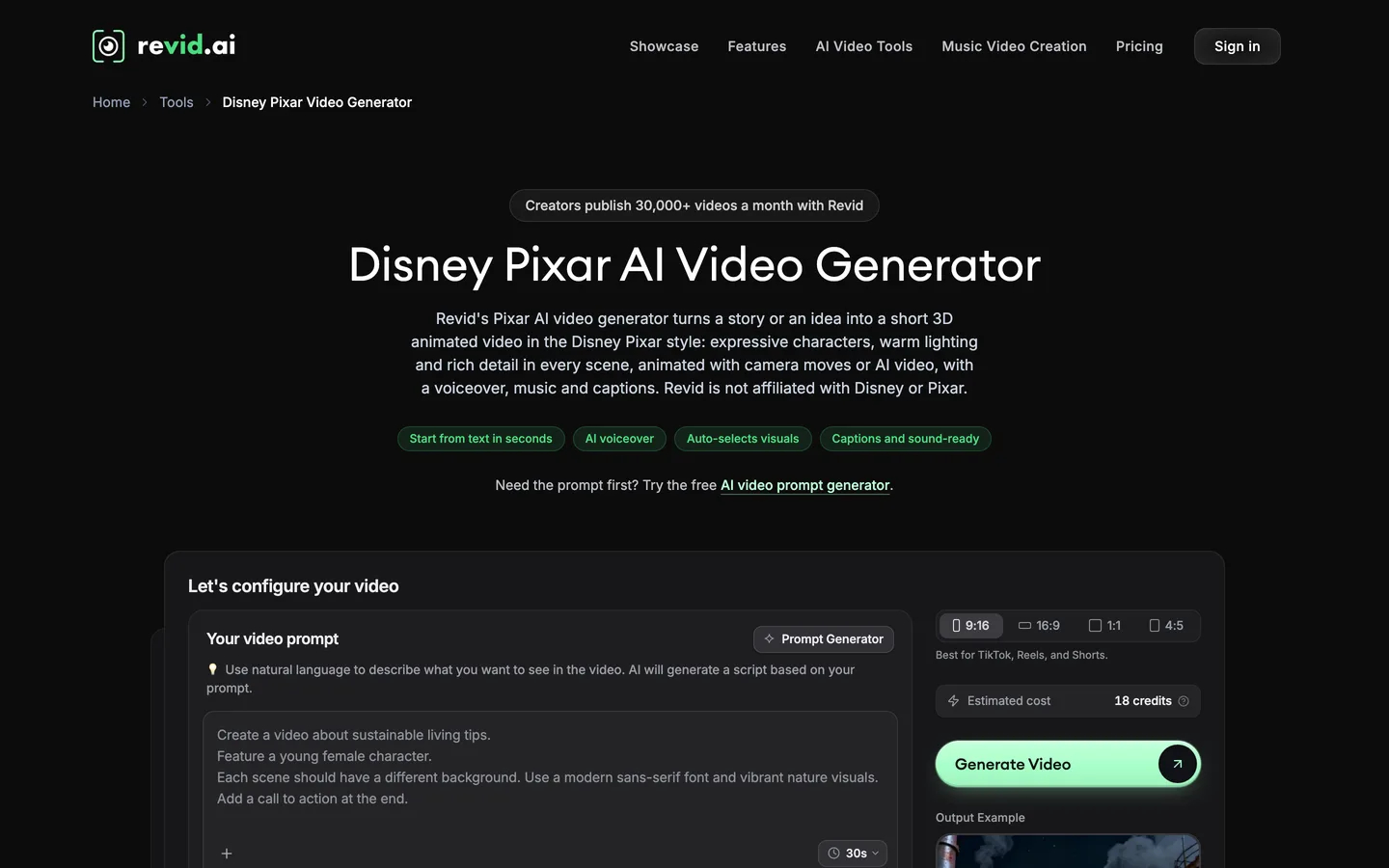 Pixar-style Shorts maker Revid: the Disney Pixar AI Video Generator tool page with prompt and format options