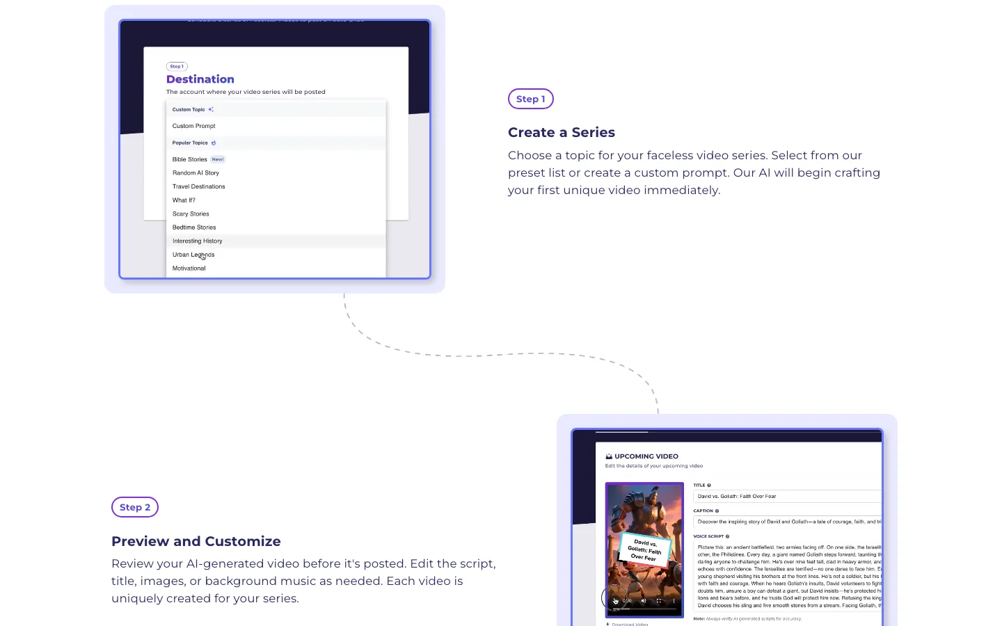 Faceless YouTube automation tool AutoShorts.ai: the create a series and review steps