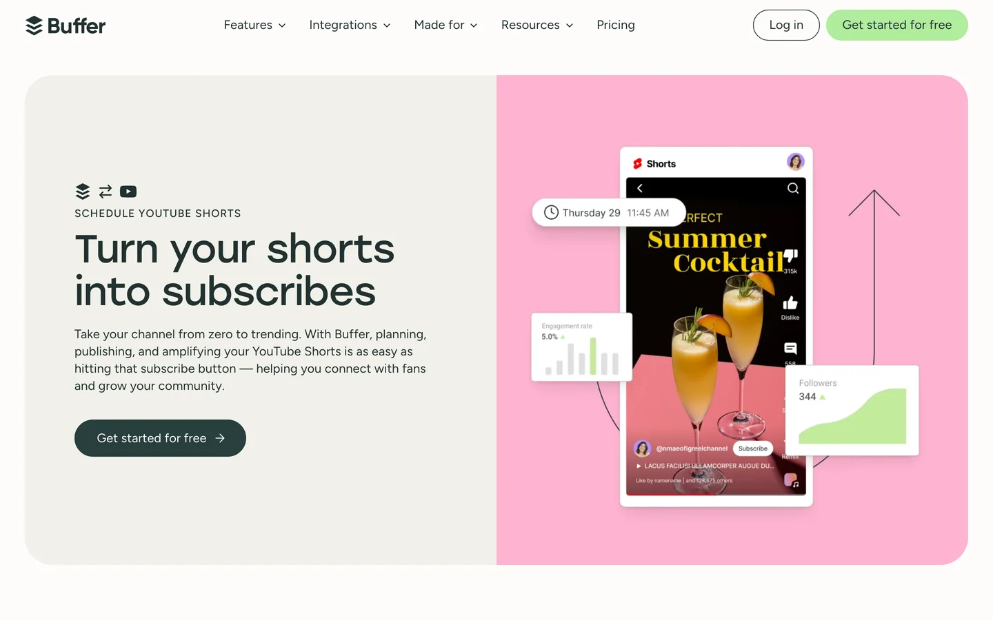 YouTube automation scheduling tool Buffer: its YouTube Shorts page with a scheduled Short and engagement stats