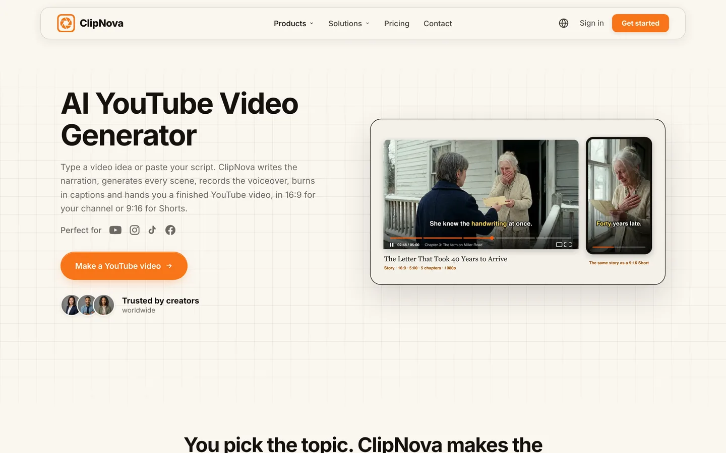 YouTube automation tools: ClipNova's AI YouTube video generator page with a 16:9 story video and its 9:16 Short