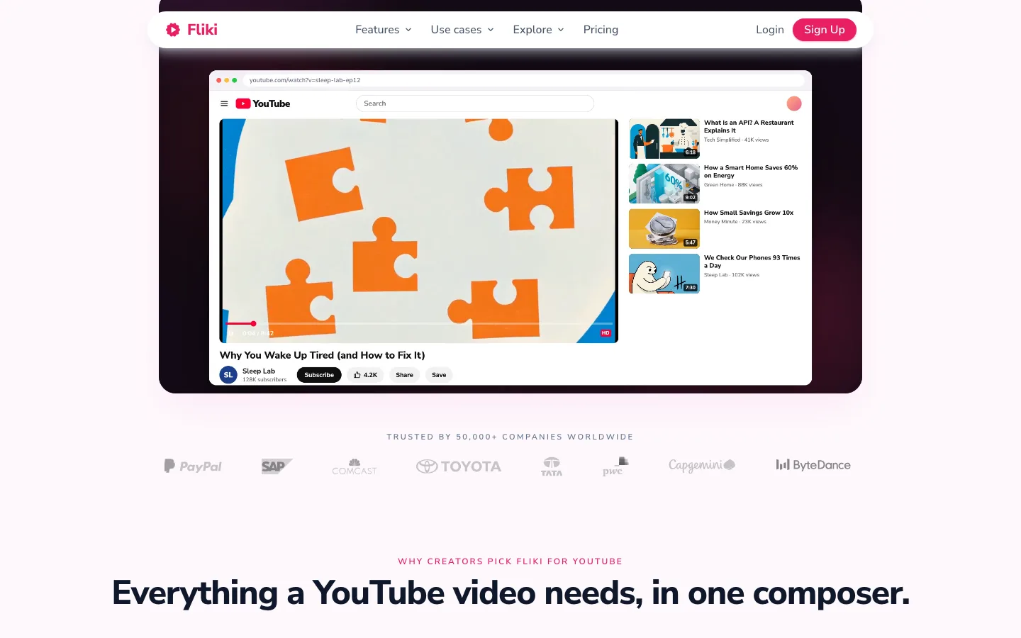 YouTube automation software Fliki: its AI YouTube video maker showing a finished explainer on a YouTube page
