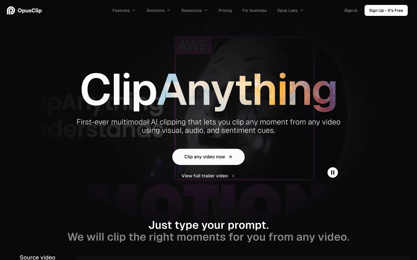 AI YouTube automation for clipping: OpusClip's ClipAnything page for cutting moments from any video