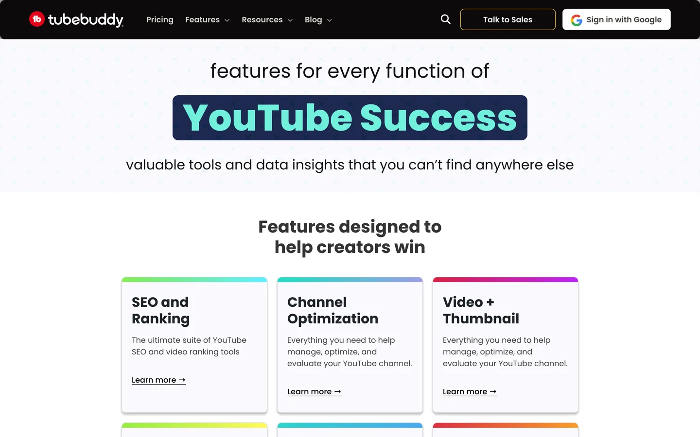 YouTube automation tools TubeBuddy: its features page for SEO, channel optimization and thumbnails
