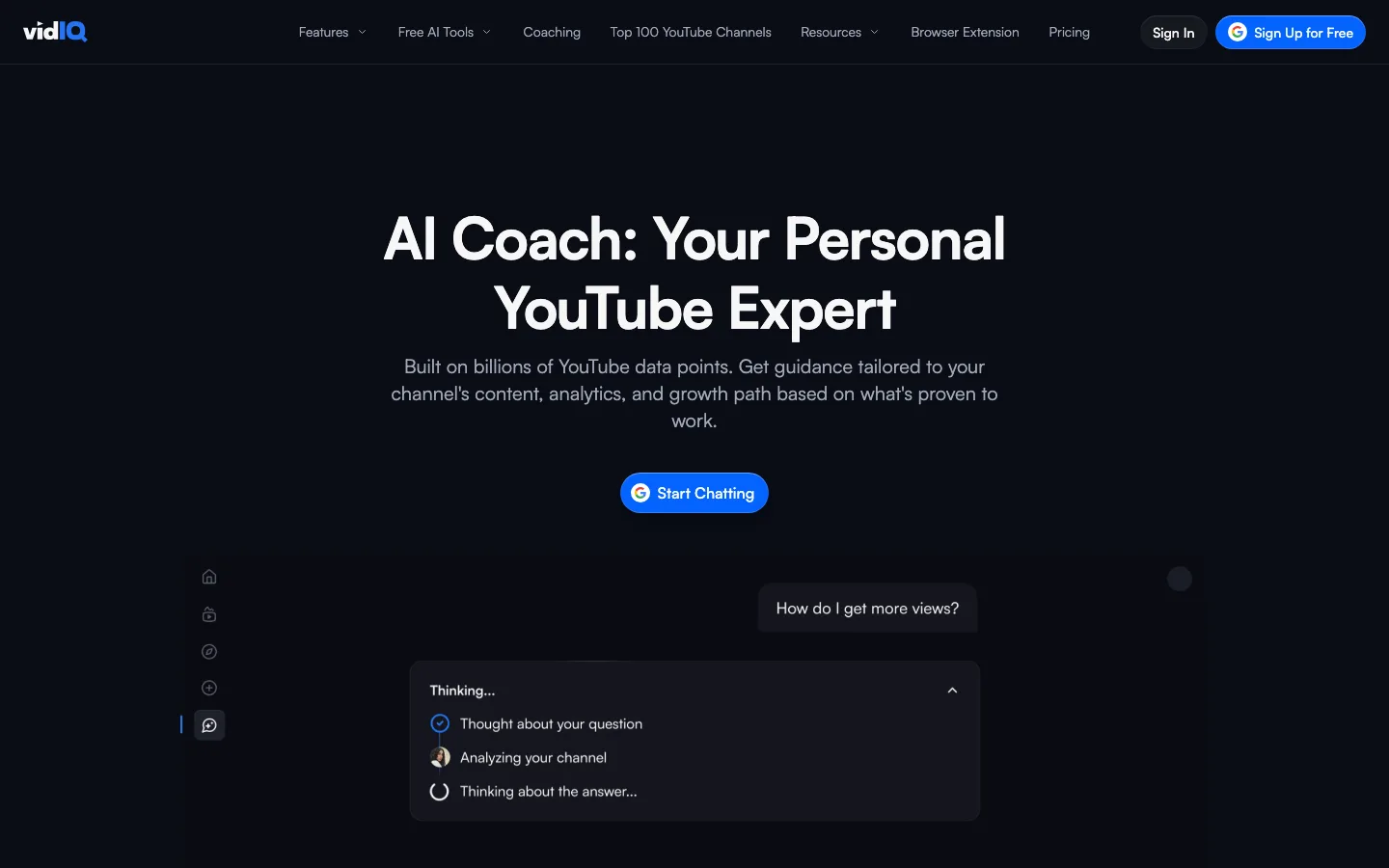 YouTube automation research tool vidIQ: its AI Coach page answering how to get more views