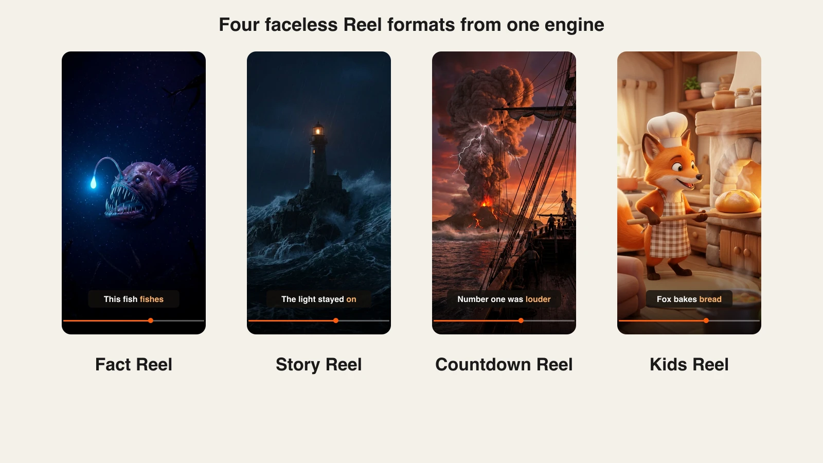 Instagram reels ideas: fact, story, countdown and kids faceless Reel frames, all generated with ClipNova