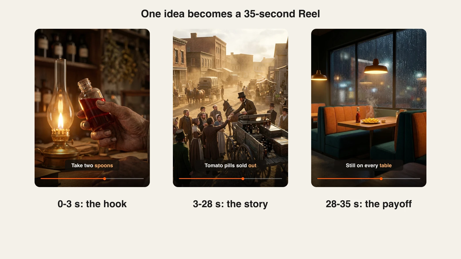 Faceless Instagram reels example: hook, story and payoff frames from one 35-second food-history Reel made with ClipNova