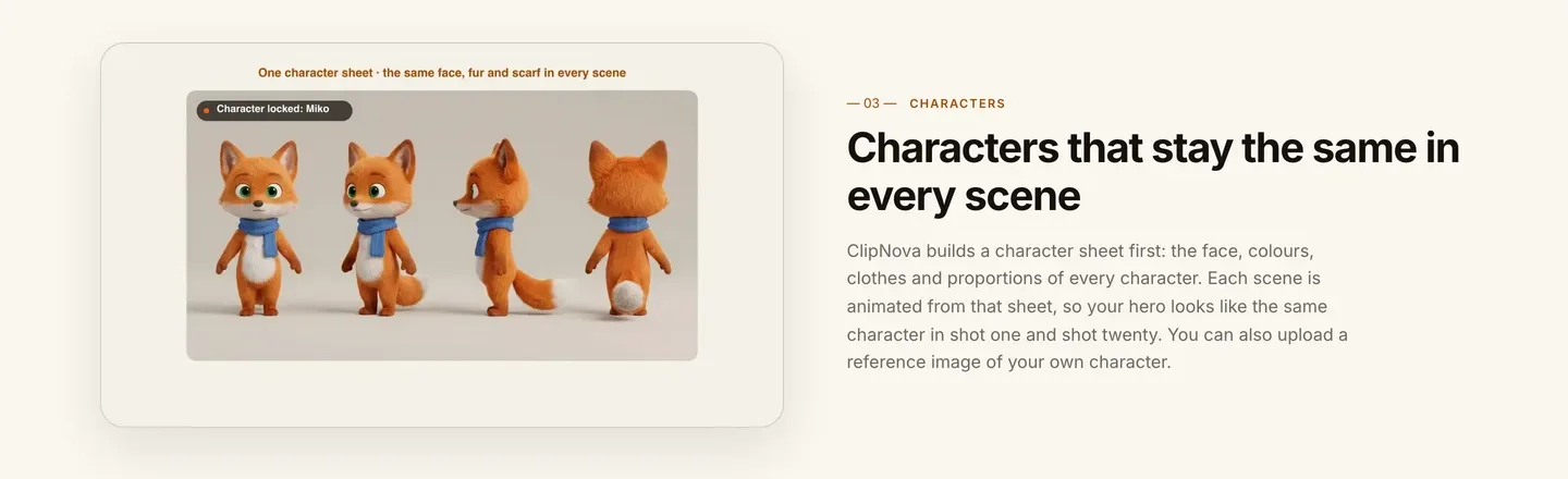 Animate a drawing with AI and keep it consistent: ClipNova character sheet of a fox seen from four angles