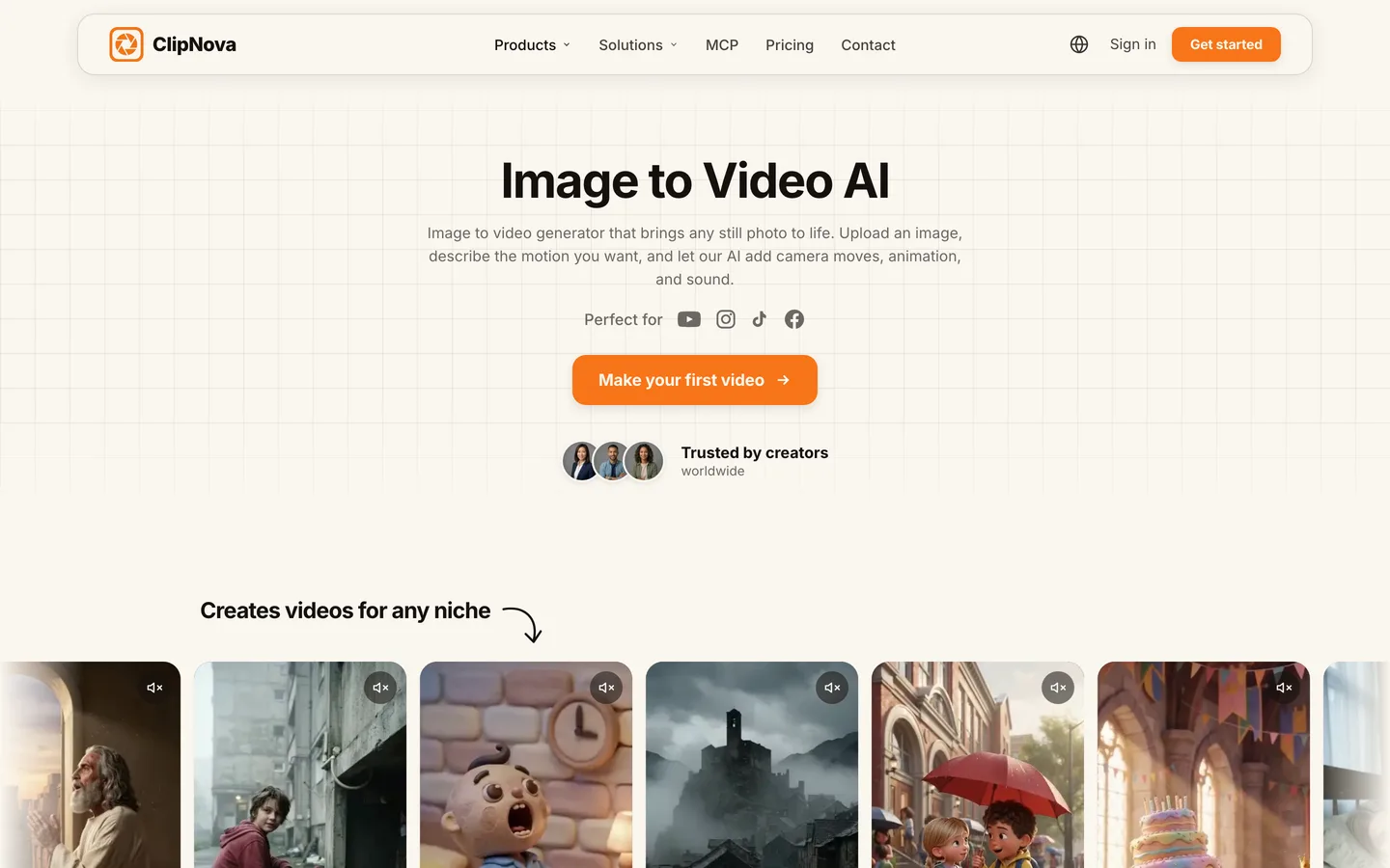 How to animate a drawing with AI: ClipNova image to video page with an upload and animate workflow and example clips